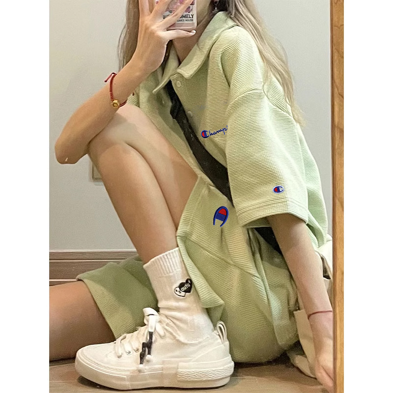 Japanese Version Champion Summer New Embroidered Short-Sleeved T-Shirt Set Loose Casual Stylish Student Shorts Two-Piece Set for Women Japanese Version Champion Summer New Embroidered Short-Sleeved T-Shirt Set Loose Casual Stylish Student Shorts Two-Piece Set for Women