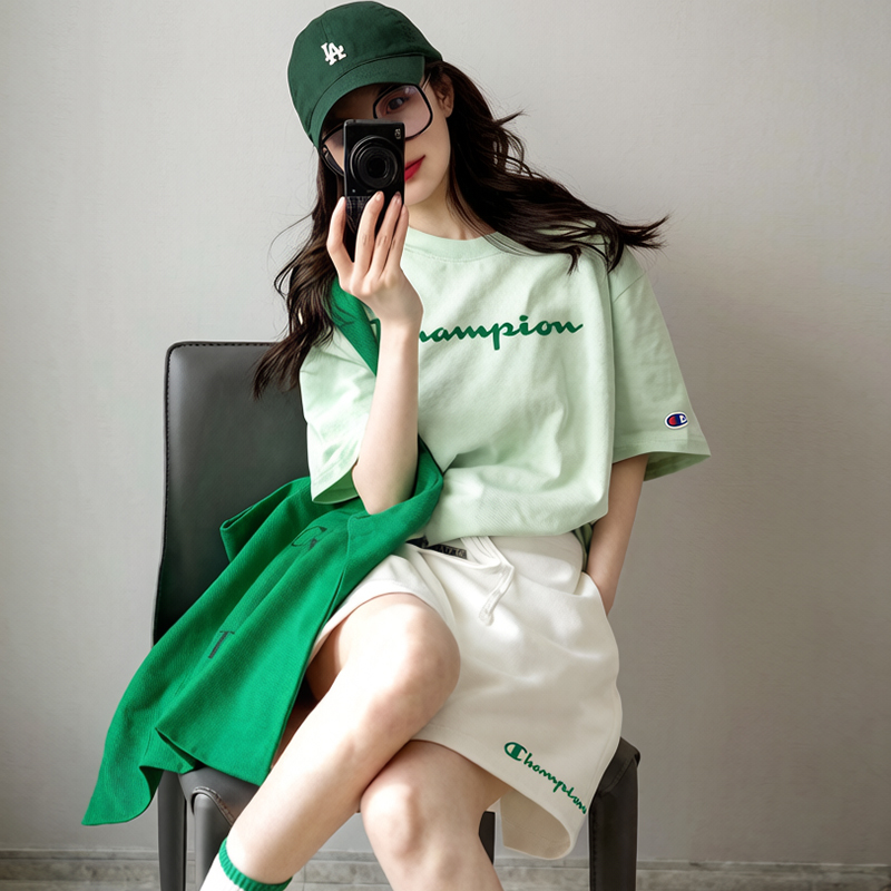 Japanese Version Champion Summer New Style College Style Pure Cotton T-Shirt Set Embroidered Short-Sleeved Loose Top and Shorts Two-Piece Set
