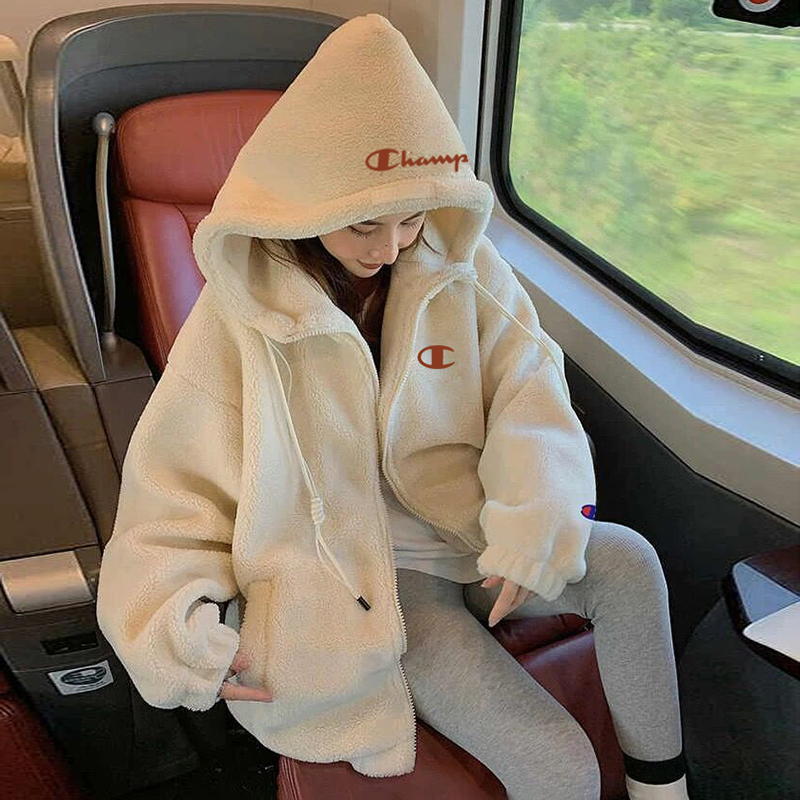 Japanese Version Champion Autumn and Winter New Embroidered Lamb Wool Hooded Jacket for Women 2026 Casual Thickened Warm Cardigan Cotton Coat