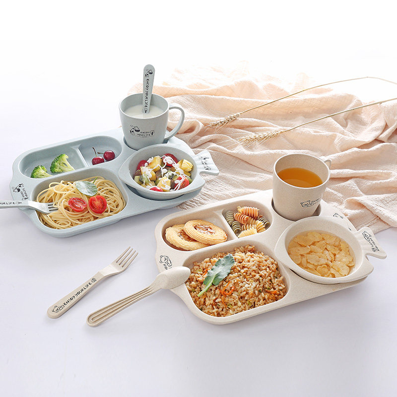 Belt Water Cup Wheat Straw Children Dinner Plate Combination 6 Pieces Suit Divided Student Breakfast Dish Home Separation Cutlery