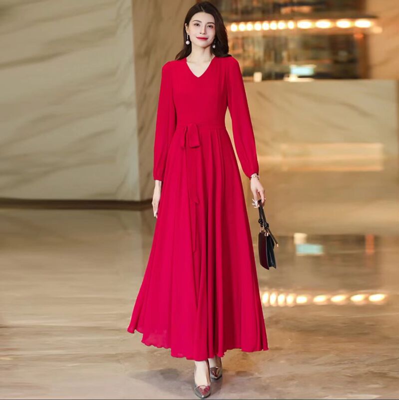Double-Layered Long Dance Dress with Chiffon Long Sleeves, New Red Dress, Vacation Beach Style, Slimming and Long