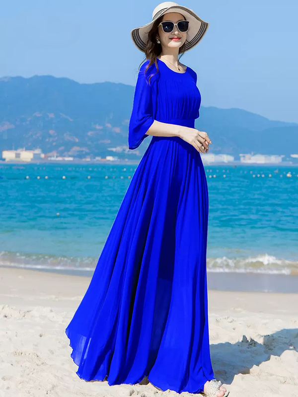 Summer Klein Blue Chiffon Dress for Women, Long Ankle-Length 2025 New Beach Maxi Purple Flared Dress