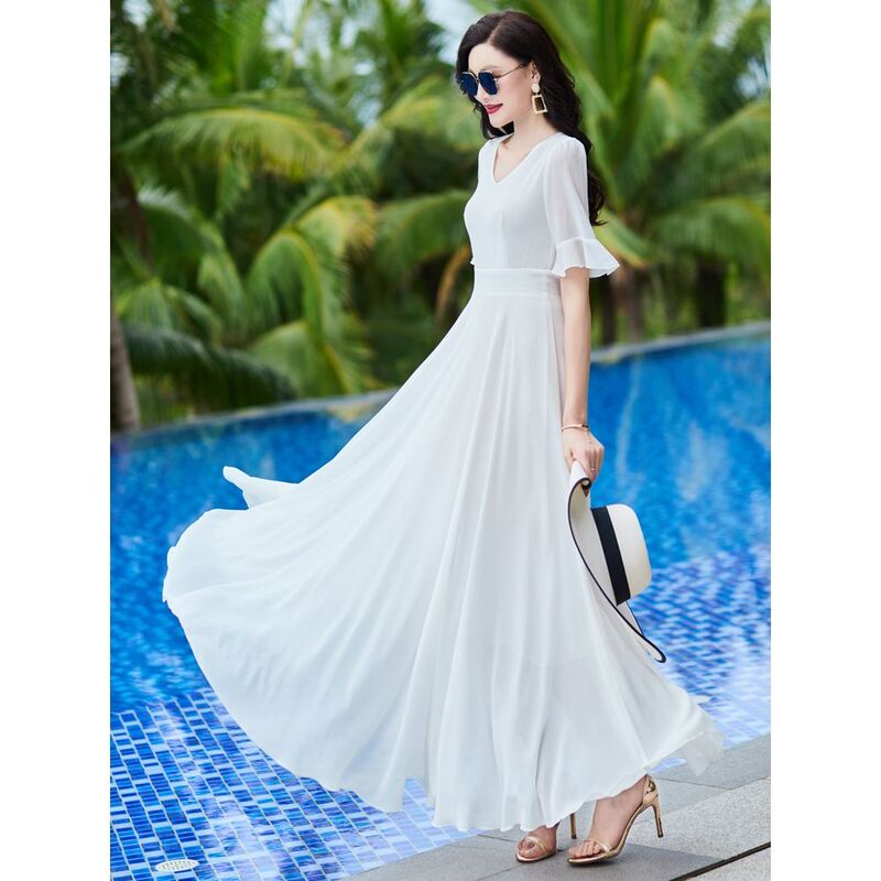 White Chiffon Over-The-Knee Flared Dress for Women, 2025 Summer New Solid Color Over-The-Knee Long Dress for Travel and Vacation