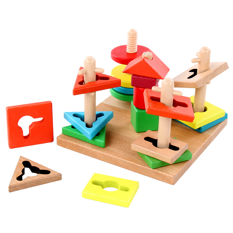 Kindergarten Student Wooden Puzzle Force Building Blocks Early Teach Toy Colorful Wisdom Dish Shape Pair Five-Pillar Trellis