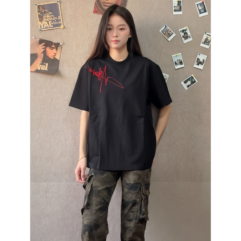 【Foygob】American Retro Heavy-Duty Multi-Stitch Embroidery Short-Sleeve Summer Unisex Short Wide-Fit Height-Enhancing Versatile T-Shirt Trendy