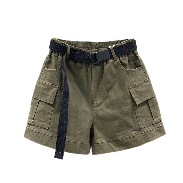 ສະຖານີເອີຣົບ 2024 Spring and Summer Army Green Workwear Pocket Casual Denim Shorts Women's Loose High Waist A-Line Wide Leg Pants