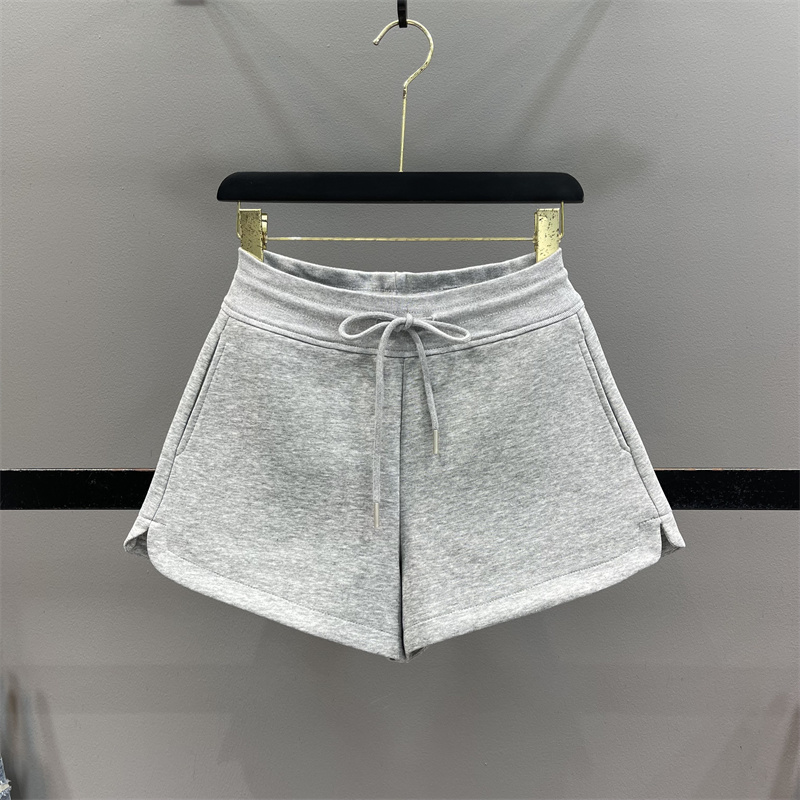 Gray High-Waisted Casual Shorts for Women 2026 Summer New Drawstring Sports Pants Loose A-Line Wide-Leg Slit Hot Pants