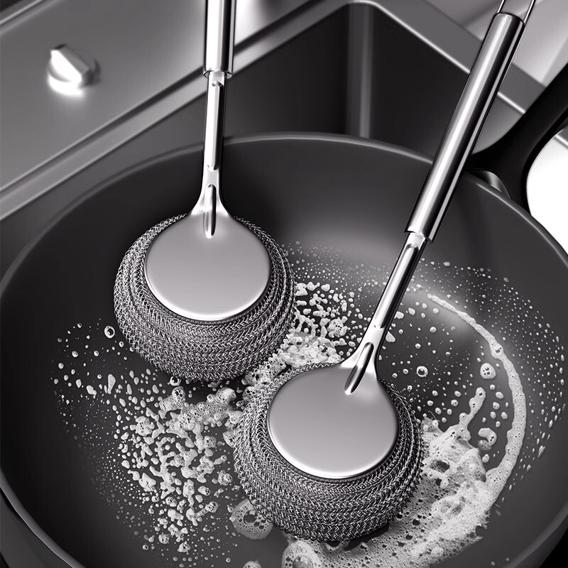 German Stainless Steel Pot Brush Kitchen Scrubber Steel Wool Brush Long Handle Dishwashing Cleaning Brush Pot Cleaning Tool That Doesn'T Shed Bristles