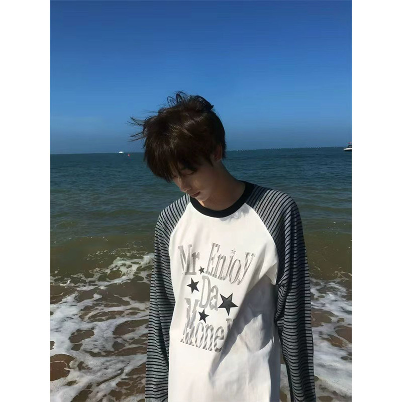 American High Street Letter Print Striped Raglan Long-Sleeve Unisex Summer Loose Color-Blocked Sun Protection Cover-Up Top American High Street Letter Print Striped Raglan Long-Sleeve Unisex Summer Loose Color-Blocked Sun Protection Cover-Up Top