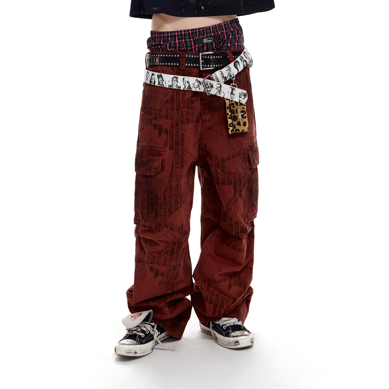 【Lnm】Lame Need Moola Volcanic Red Tree Pattern Camouflage Street Style Low-Crotch Cargo Straight-Leg Work Pants