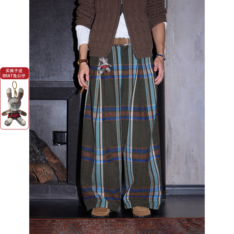 【Lnm】Lame Need Moola Yarn-Dyed Checkered Wide-Leg Pants with Herringbone Pattern and Elastic Waistband Straight-Leg Trousers 【Lnm】Lame Need Moola Yarn-Dyed Checkered Wide-Leg Pants with Herringbone Pattern and Elastic Waistband Straight-Leg Trousers