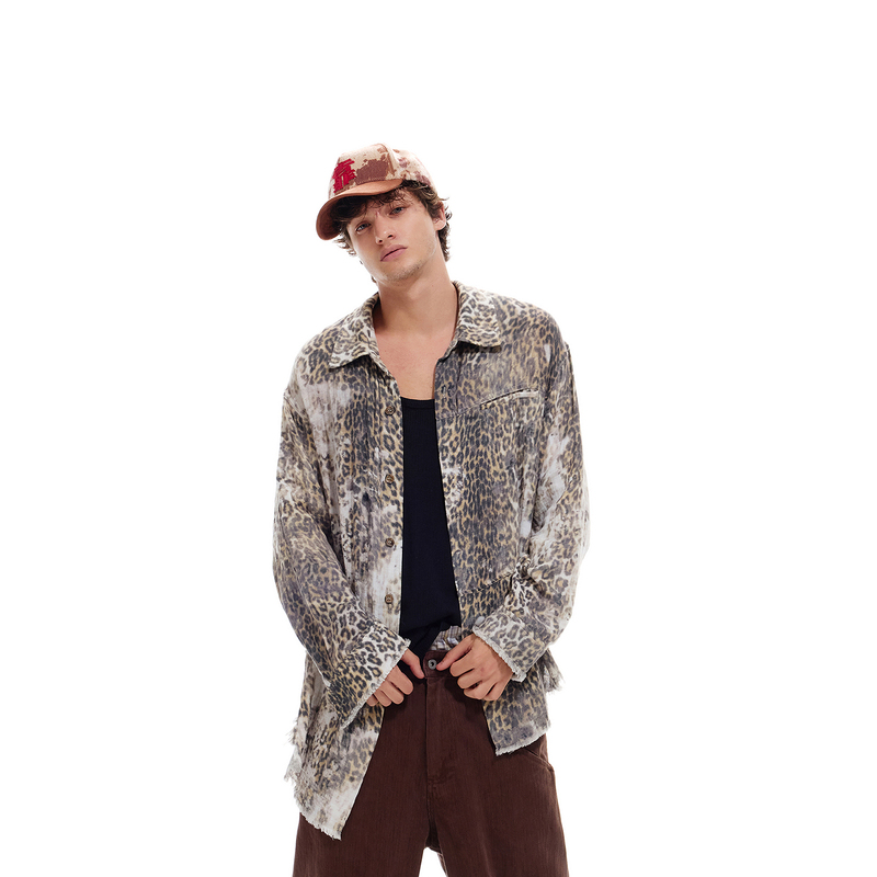 【Lnm】Lame Need Moola Leopard Print Shirt with Frayed Edges and Irregular Faded Design