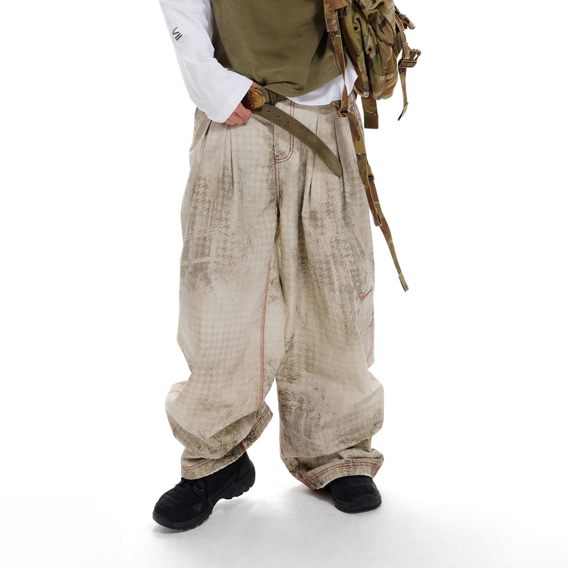 【Lnm】Lame Need Moola Dirty Houndstooth Double Accordion Fold Vintage Distressed Wide-Leg Cargo Pants