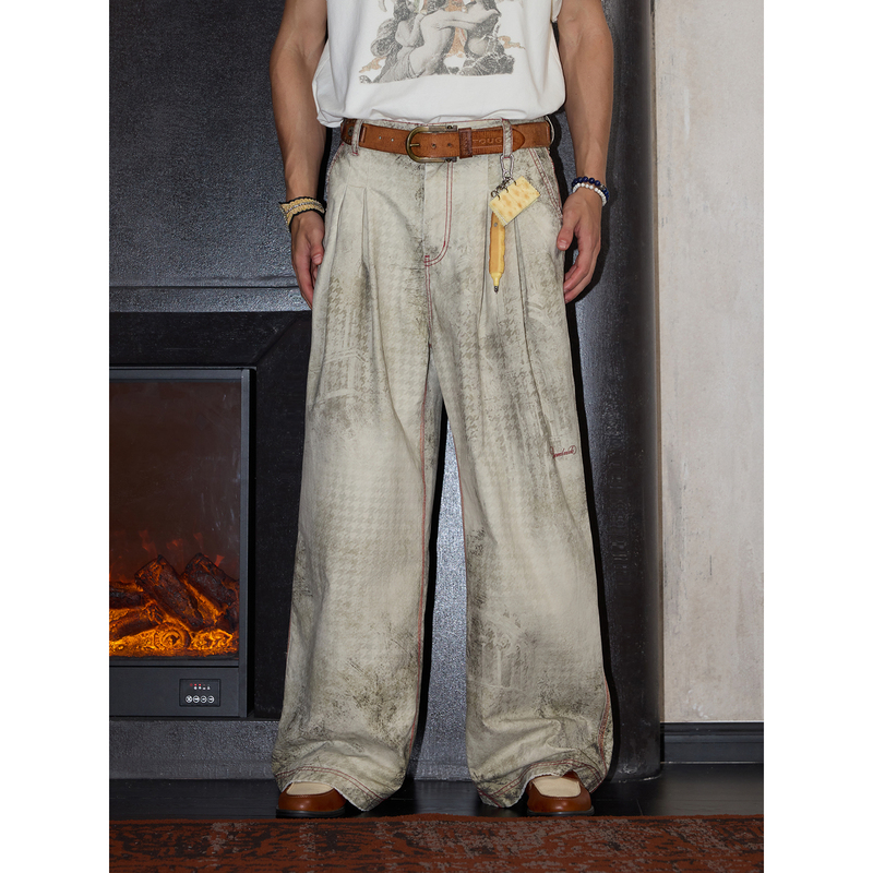 【Lnm】Lame Need Moola Dirty-Look Houndstooth Double-Pleated Vintage Loose Straight-Leg Pants