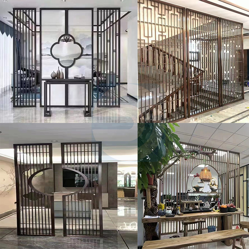 Light luxury new Chinese style stainless steel screen black titanium partition custom modern metal porch living room hollow lattice decoration