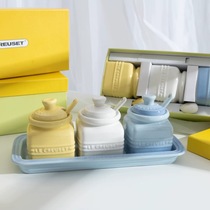 French cool seasoning bottle three-piece set lard jar household garlic pounding jar ceramic seasoning jar chili jar with tray