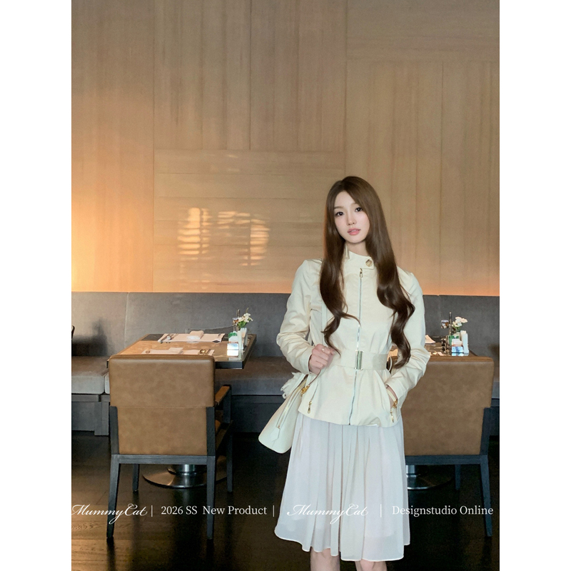Mummy Cat Lays Eggs 26 Early Autumn High-End Elegant Lyocell Cotton Belted Waist Stand Collar Jacket Coat