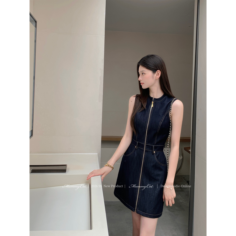 Mummycat Lays Eggs Meow 26 New Retro Style Dark Blue Zipper Sleeveless Denim Dress