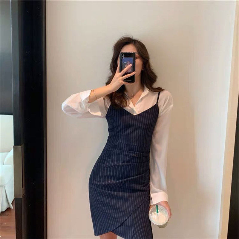 2021 New women's style shirt-style foreign dress harness two sets of early autumn long sleeves casings with slim temperament stripes