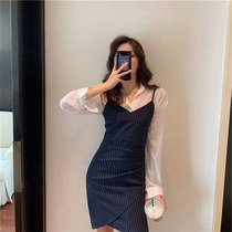 2021 new womens law style shirt one-piece dress harness two sets of early autumn long sleeves casings with slim temperament striatum