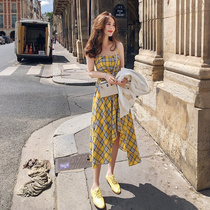 Plaid pendant with skirt French style one-piece dress 2021 New summer dress lady temperament Fan clothes to be thin and long