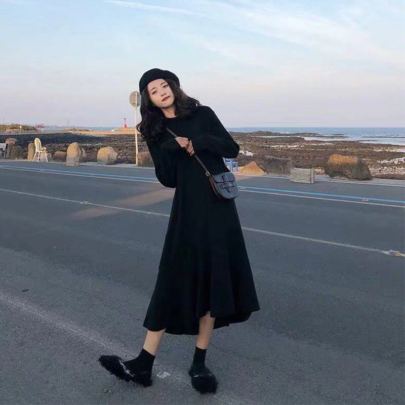 Sweater dress Long version over knee female outwear jacket head Lazy Wind Autumn Winter Egg Skirt style scarf First love windward dress