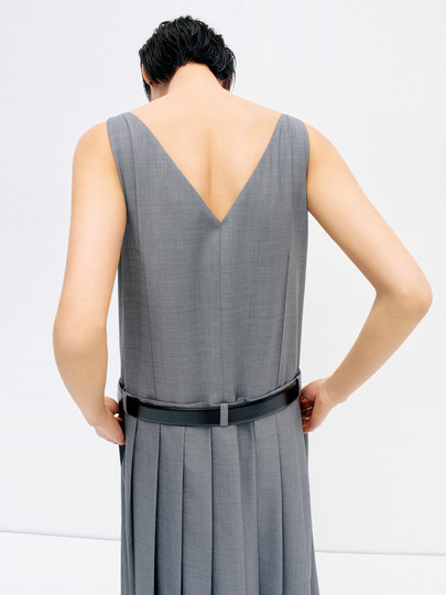 Edition Dress Women's Summer New Style Sleeveless V-Neck Suit Pleated Skirt with Belt Ebd2Drs078