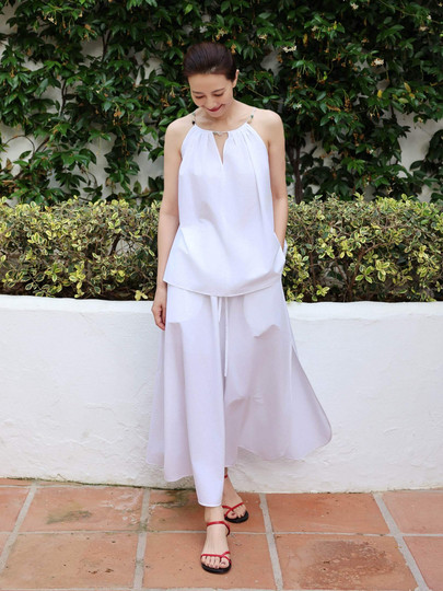 [Same Style as Gao Yuanyuan] Edition2025 Summer New Elastic Waist Cotton A-Line Skirt Ebe2Skt020