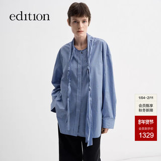 Edition Shirt Women's 2025 Spring New Style Blue and White Plaid Flutter Collar French Shirt Ebe1Top047