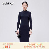 edition Hollow Back Slim Knitted Dress Female Spring High Neck Neck Sleeve Straight Dress moco