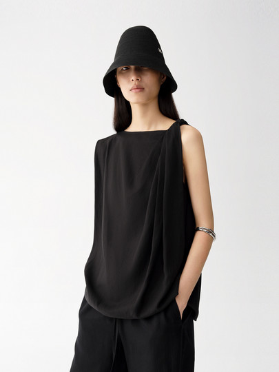 Editiont-Shirt for Women 2025 Summer New Asymmetrical Twisted Tencel Linen Deconstructed Top Ebe2Top016