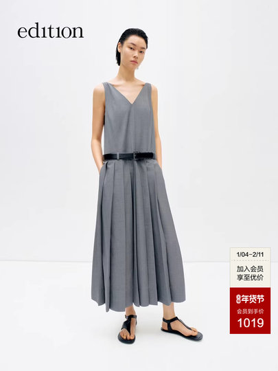 Edition Dress Women's Summer New Style Sleeveless V-Neck Suit Pleated Skirt with Belt Ebd2Drs078