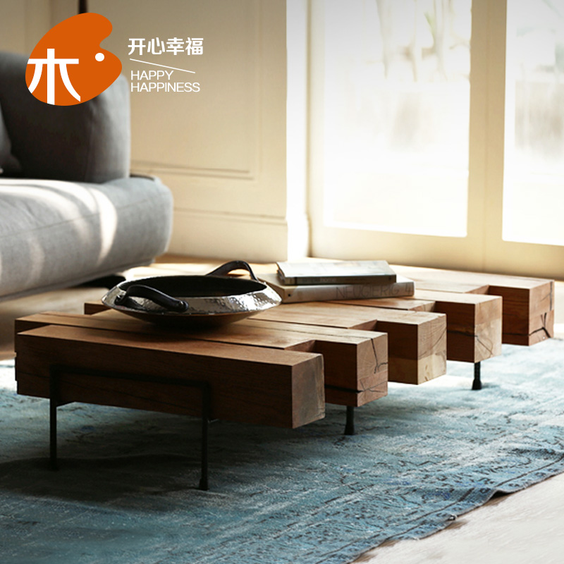 American creative personality wood block split tea table loft industrial wind solid wood tea table iron leisure sofa reception table