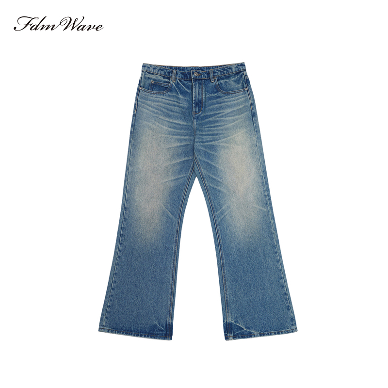 Fdm'Wave' 13.5 oz Pure Cotton Distressed Washed Slim Straight-Leg Flared Mid-Blue Denim Pants
