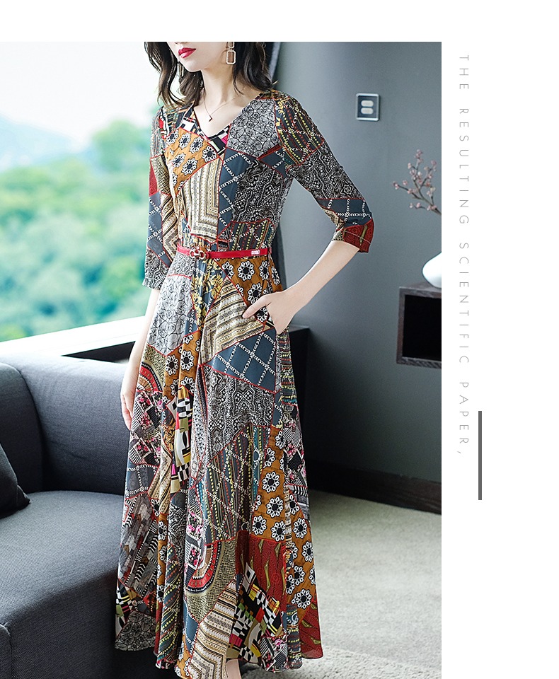 Váy yếm in họa tiết retro dài 2019 đầu mùa thu mới của phụ nữ thời trang Đầm voan cổ chữ V mỏng - Váy dài váy voan hoa nhí dáng dài