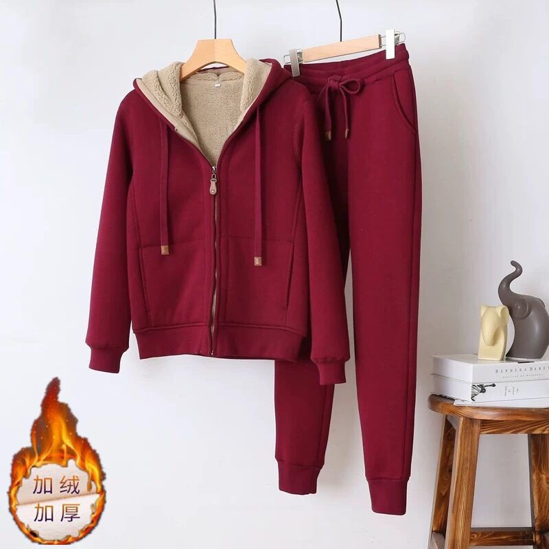 Women's Winter Sports Casual Suit, Fleece-Lined and Thickened, Simple Solid Color, Slimming Long-Sleeve Hooded Short Jacket and Trendy Sweatpants