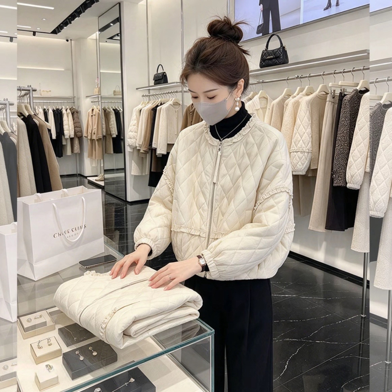 2026 Autumn and Winter New Fashion Korean Style Unique Diamond Pattern Small Cotton Jacket for Women, Solid Color, Versatile, Simple and Lightweight