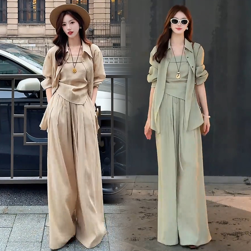 Fashionable Women's Suit 2026 Summer New Stylish Slimming Sun-Protective Shirt with Suspenders and Wide-Leg Pants Three-Piece Set Trendy