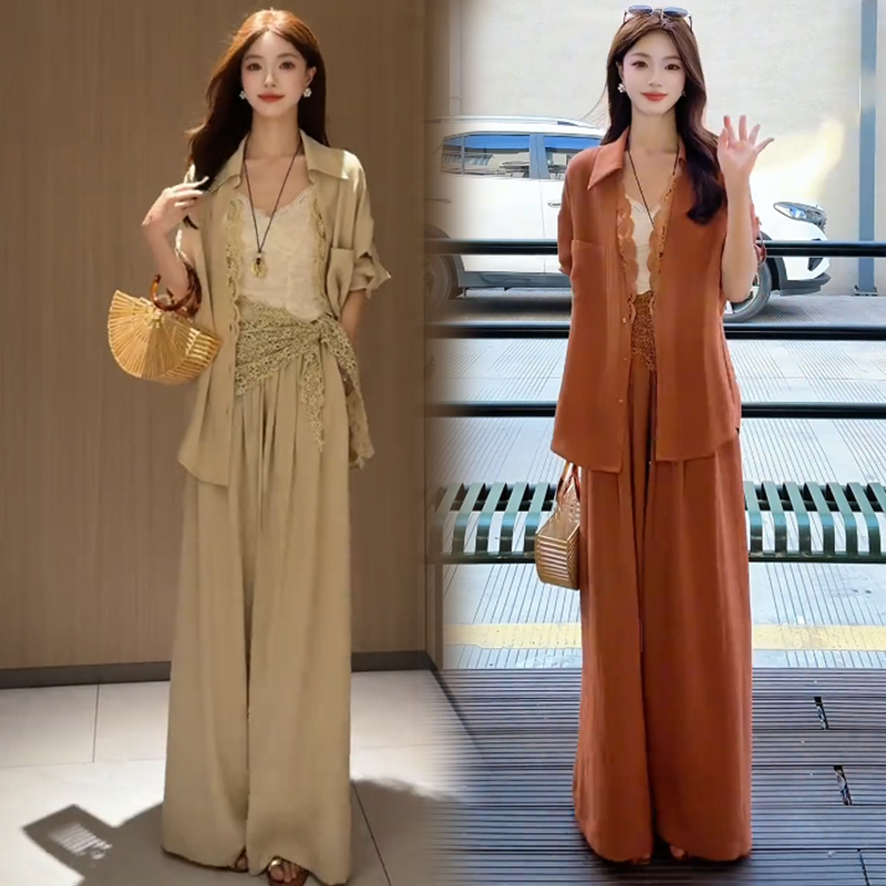 Fashionable Women's Suit 2026 Summer New Stylish Ice Silk Lace-Trimmed Sun Protection Shirt Casual Wide-Leg Pants Two-Piece Set
