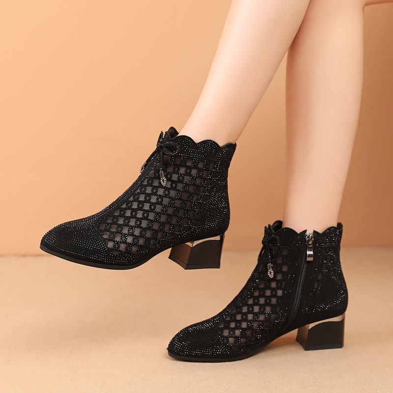 Sweet Hollowed-out Mesh Boots Fashion Ankle Boots 2022 Spring With Water Drill Women Boots Rough Heel Cool Boots Big Size Dance Shoes