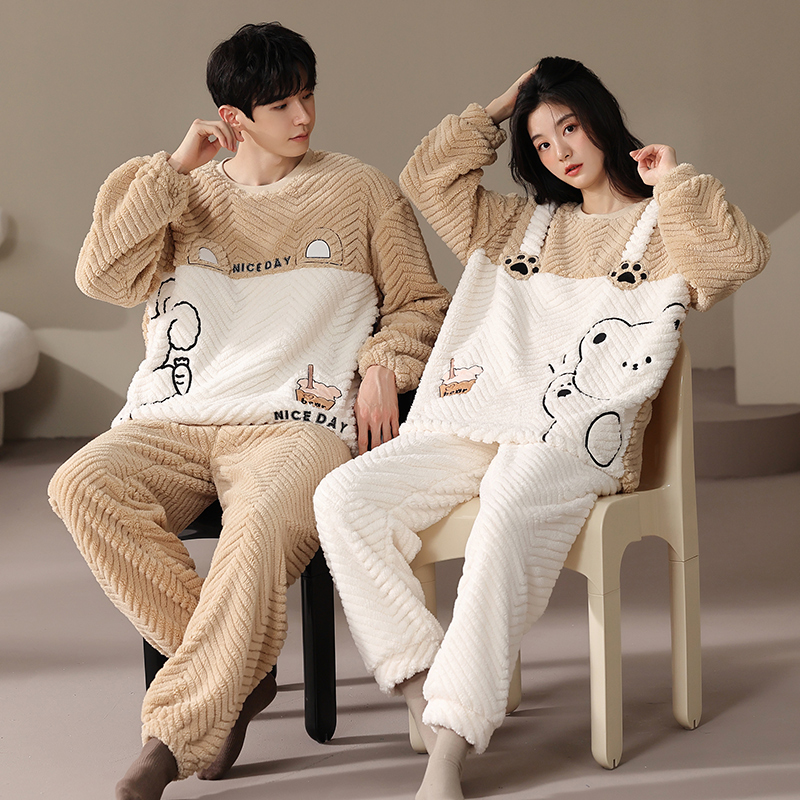 Winter Couple Pajamas for Women, Coral Fleece, Thickened and Plush, Cute Pullover Flannel Loungewear for Men, Autumn and Winter Set