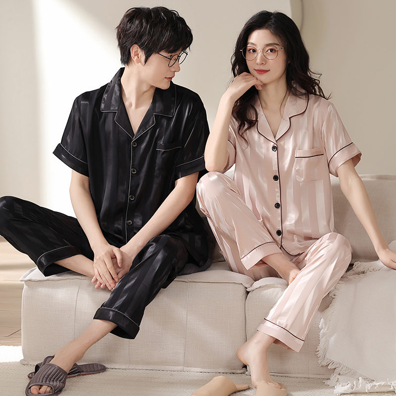 Ice Silk Pajamas Couple Outfit, One Male and One Female, New Summer Short-Sleeved Long Pants, Spring and Autumn Style, High-End Home Wear Set