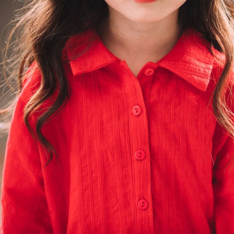 Cô gái áo đỏ mùa xuân và mùa thu 2020 mới của Hàn Quốc phiên bản của chiếc áo sơ mi dài tay vừa trung dài cha-con trẻ em Yangqi trẻ em