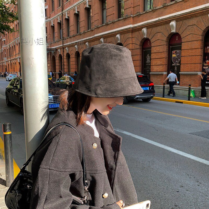 Japanese solid color suede fisherman hat female autumn and winter all-match Japanese trendy face small bucket hat basin hat