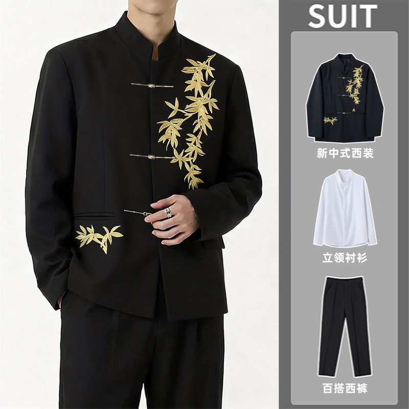 New Chinese-Style Bamboo Leaf Embroidery Stand-Collar Suit for Men, Traditional Chinese Style Zhongshan Suit for Weddings, Groomsmen, and Adult Ceremonies