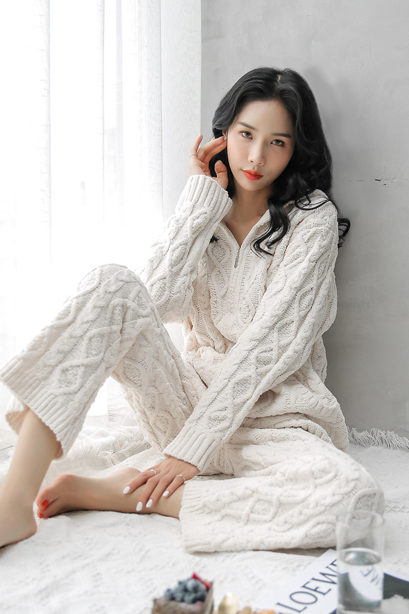 Soft pajamas women's autumn and winter ins wind thickened Chenille fluff wool pajamas women's coral knitted wool home