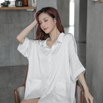 2022 New Sleeping Dress Womens Summer Ice Silk Sexy Back Lace White Shirt Home Conserved Sleeping Lady Spring Autumn