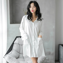 Nightdress women Summer Ice Silk sexy thin boyfriend wind White Shirt long family clothes silk pajamas can be worn outside