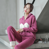 New soft sleeping womens autumn and winter knitted wool love hooded cardigan two-piece home clothes can be worn outside