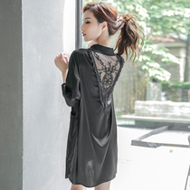 2022 New Sleeping Dress Womens Summer Ice Silk Sexy Hollowed-out Pyjamas Back Lace Home Clothing Clothing Nets Red Pops